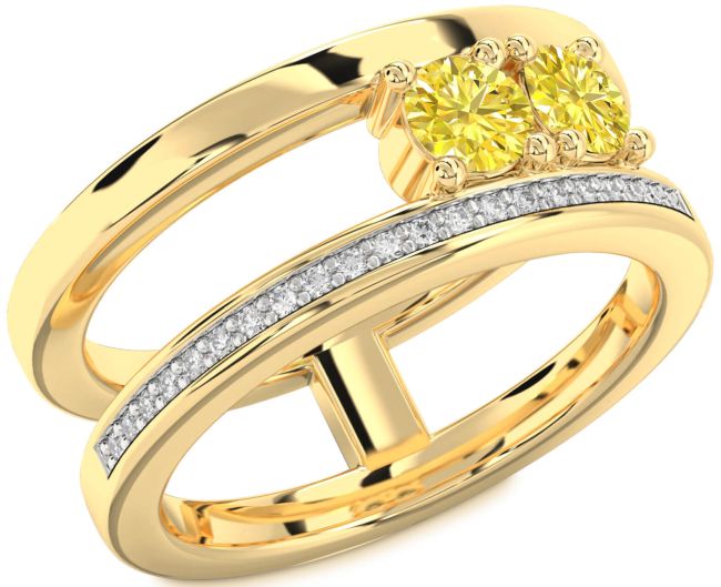 Yellow Diamond Gold Silver Round Two Stone Ring