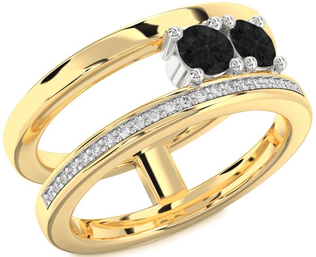 Black Diamond Gold Silver Round Two Stone Ring