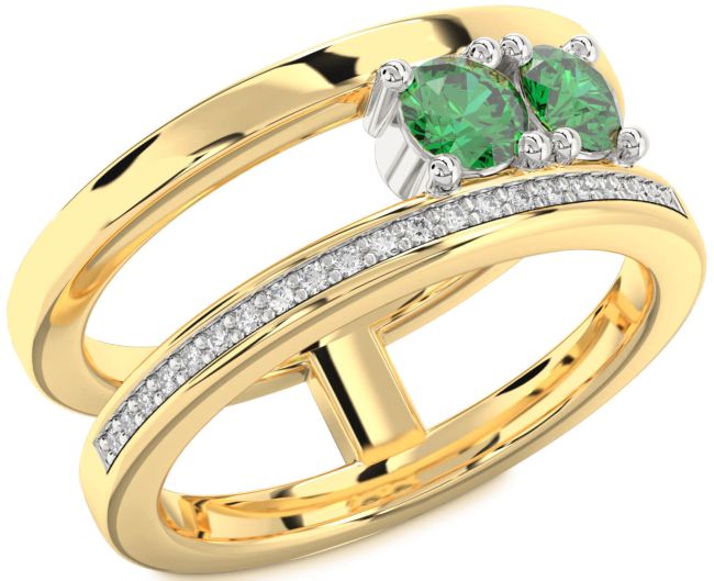 Diamond Emerald Gold Silver Round Two Stone Birthstone Ring