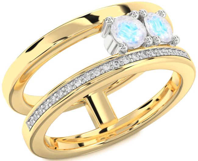 Diamond Moonstone Gold Silver Round Two Stone Ring
