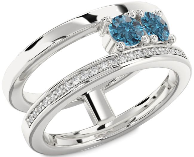 Blue Diamond Silver Round Two Stone Ring