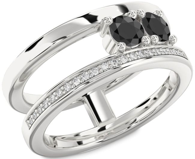 Diamond Black Onyx Silver Round Two Stone Ring