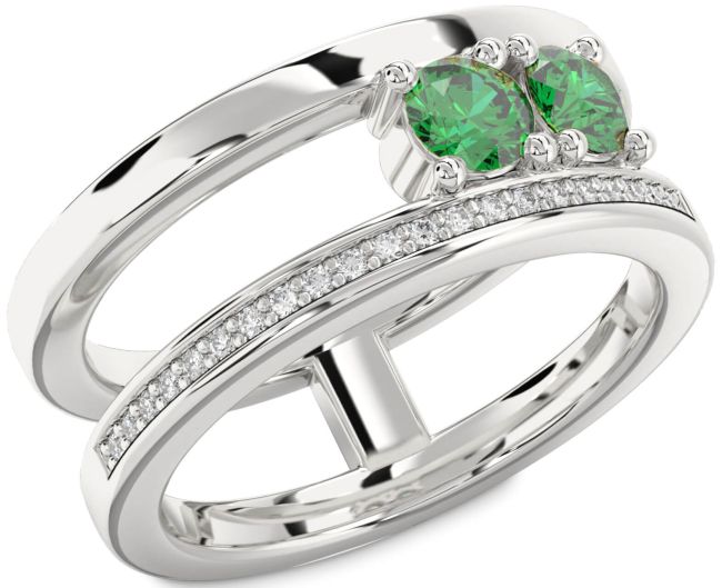Diamond Emerald Silver Round Two Stone Birthstone Ring