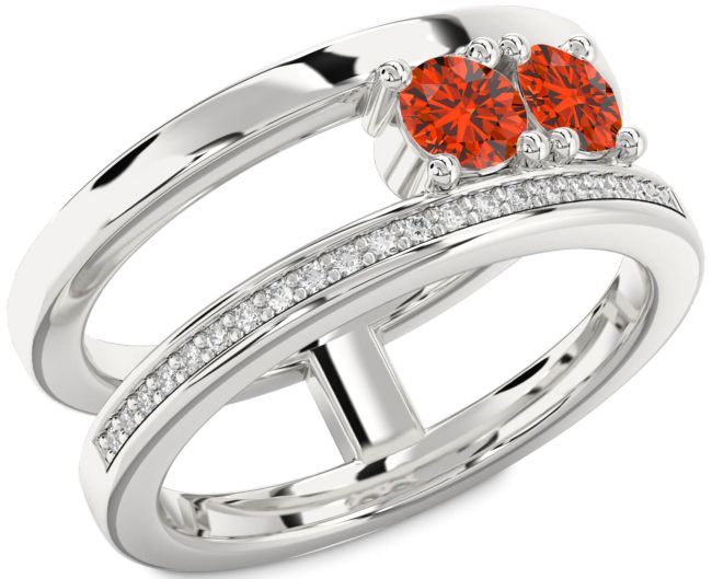 Diamond Fire Opal Silver Round Two Stone Ring