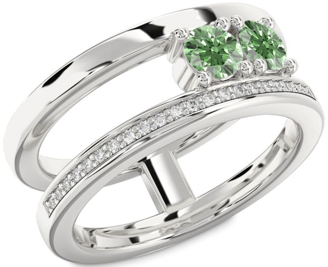 Green Diamond Silver Round Two Stone Ring