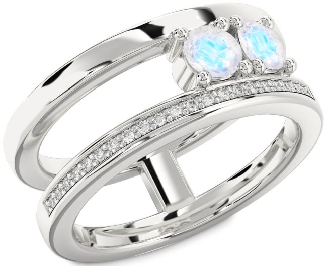 Diamond Moonstone Silver Round Two Stone Ring