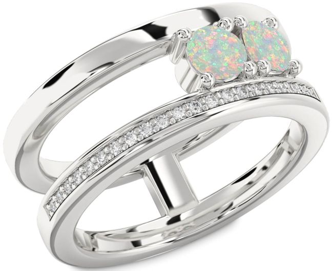 Diamond Opal Silver Round Two Stone Birthstone Ring