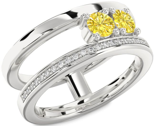 Yellow Diamond Silver Round Two Stone Ring