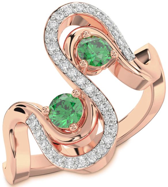 Diamond Emerald Rose Gold Round Two Stone Birthstone Ring