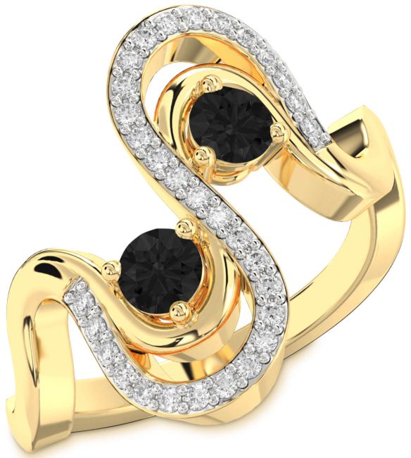 Black Diamond Gold Silver Round Two Stone Ring