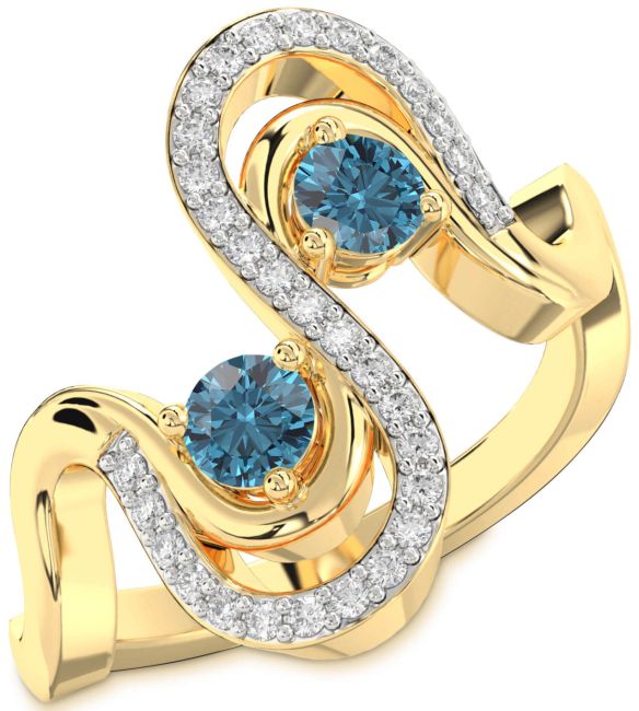 Blue Diamond Gold Round Two Stone Ring