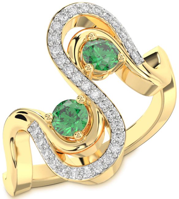 Diamond Emerald Gold Round Two Stone Birthstone Ring