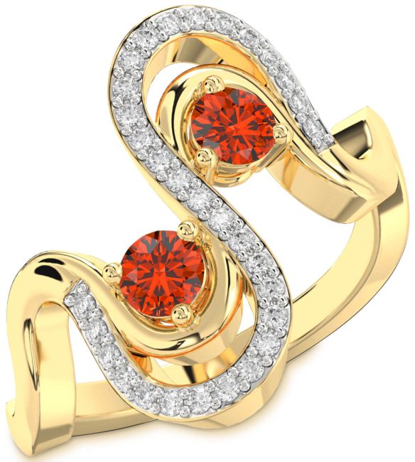 Diamond Fire Opal Gold Round Two Stone Ring