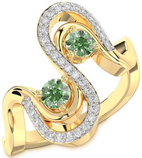 Green Diamond Gold Silver Round Two Stone Ring