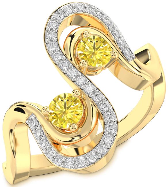 Yellow Diamond Gold Silver Round Two Stone Ring