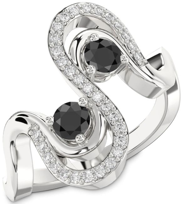 Diamond Black Onyx Silver Round Two Stone Ring