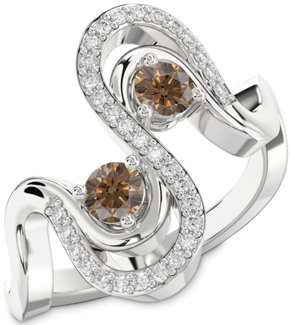 Chocolate Brown Diamond Silver Round Two Stone Ring