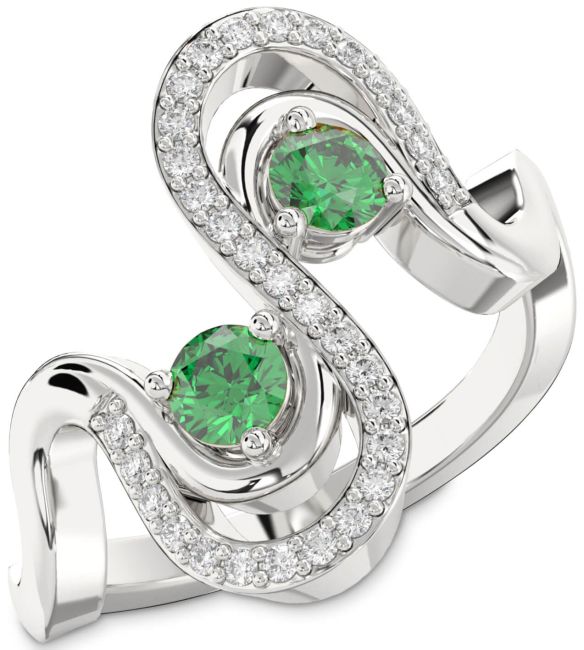 Diamond Emerald Silver Round Two Stone Birthstone Ring
