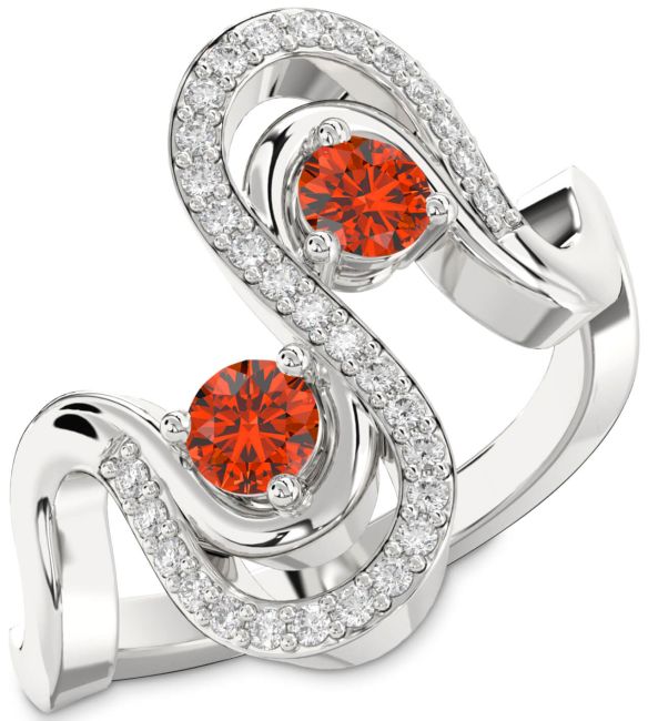 Diamond Fire Opal Silver Round Two Stone Ring