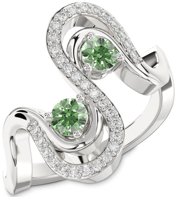 Green Diamond Silver Round Two Stone Ring