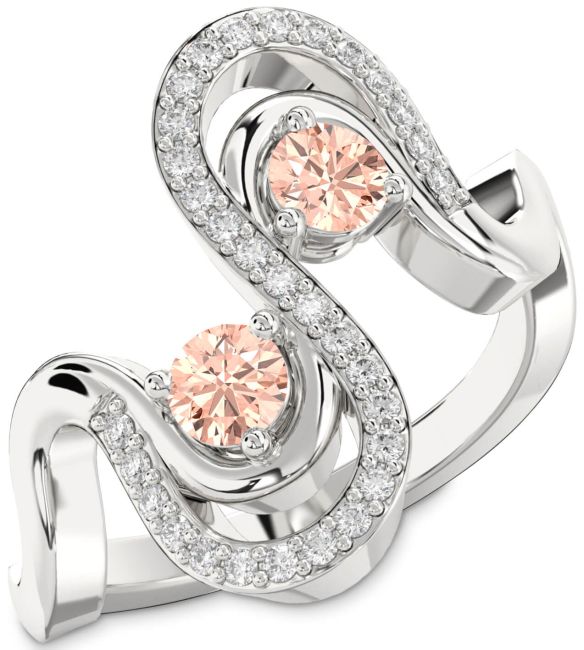 Diamond Morganite Silver Round Two Stone Ring