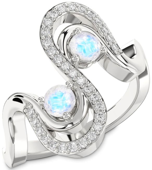 Diamond Moonstone Silver Round Two Stone Ring