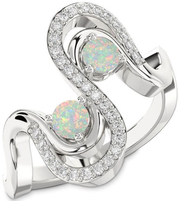 Diamond Opal Silver Round Two Stone Birthstone Ring