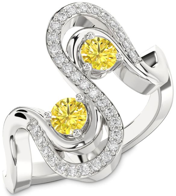 Yellow Diamond Silver Round Two Stone Ring
