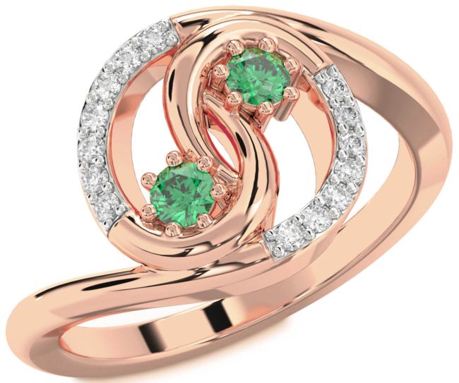 Diamond Emerald Rose Gold Round Two Stone Birthstone Ring