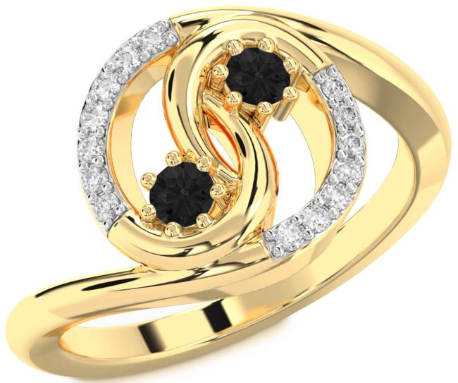 Black Diamond Gold Silver Round Two Stone Ring