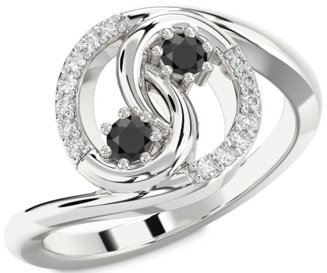 Diamond Black Onyx Silver Round Two Stone Ring