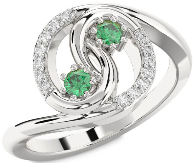 Diamond Emerald Silver Round Two Stone Birthstone Ring