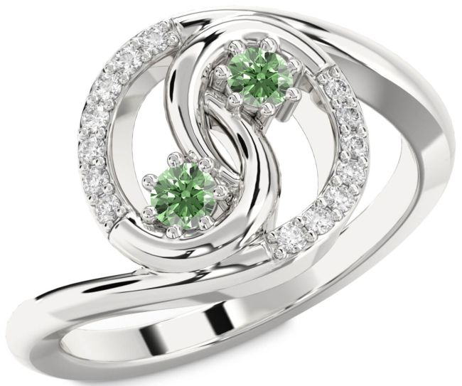 Green Diamond Silver Round Two Stone Ring