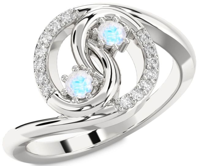 Diamond Moonstone Silver Round Two Stone Ring
