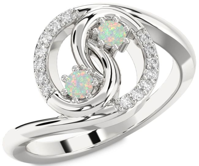 Diamond Opal Silver Round Two Stone Birthstone Ring