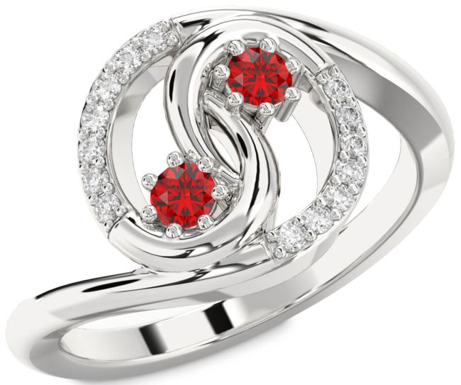 Diamond Ruby Silver Round Two Stone Birthstone Ring