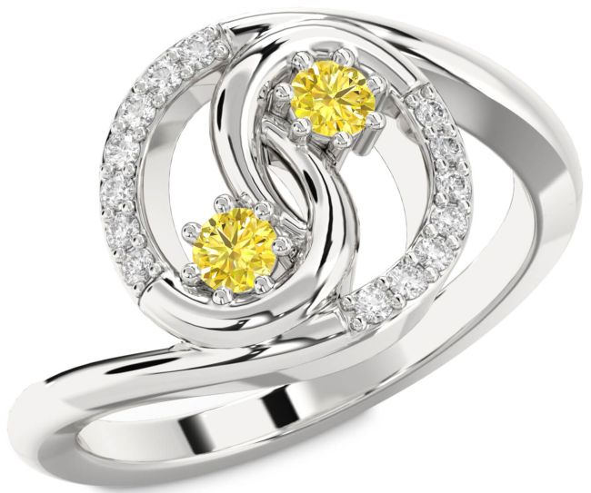 Yellow Diamond Silver Round Two Stone Ring