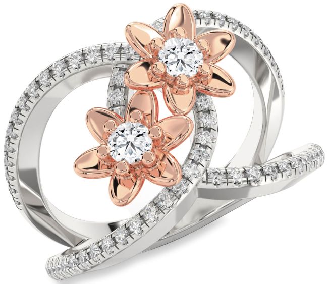 Diamond White Rose Gold Flower Round Two Stone Pave Ring