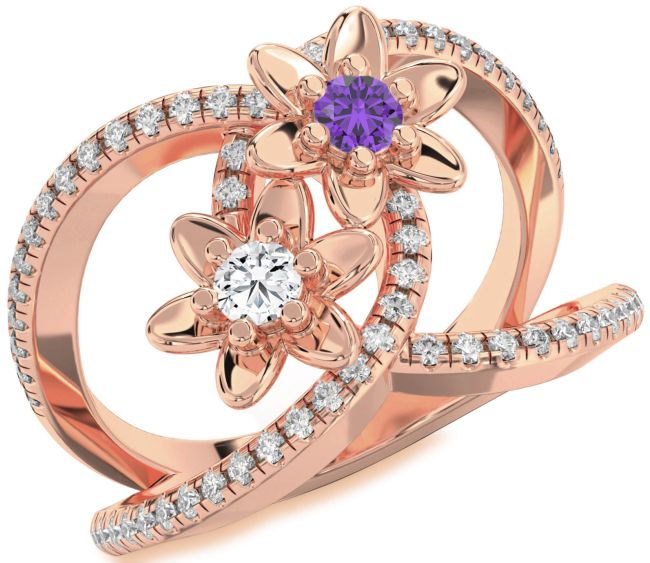 Diamond Rose Gold Silver Flower Round Two Stone Pave Promise Ring
