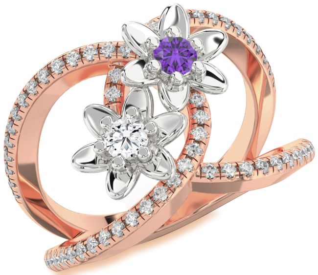 Diamond Rose Gold Silver Flower Round Two Stone Pave Promise Ring