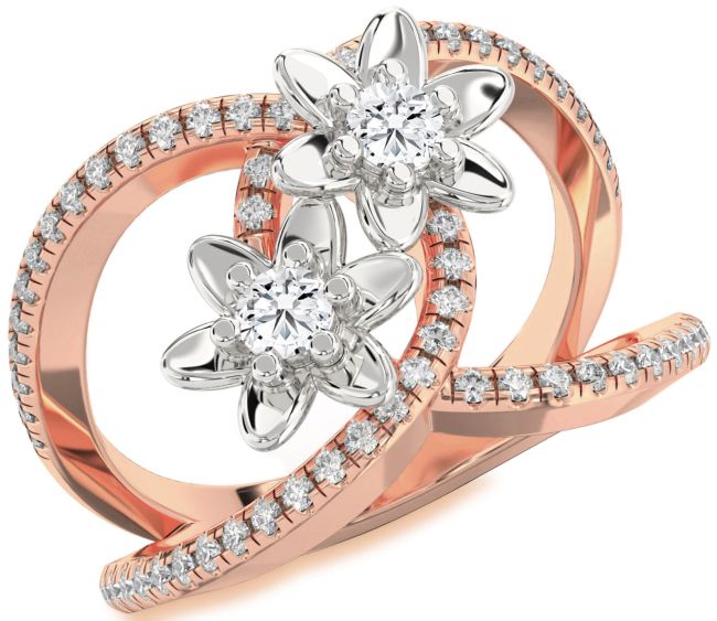 Diamond Platinum & Rose Gold Flower Round Two Stone Pave Ring