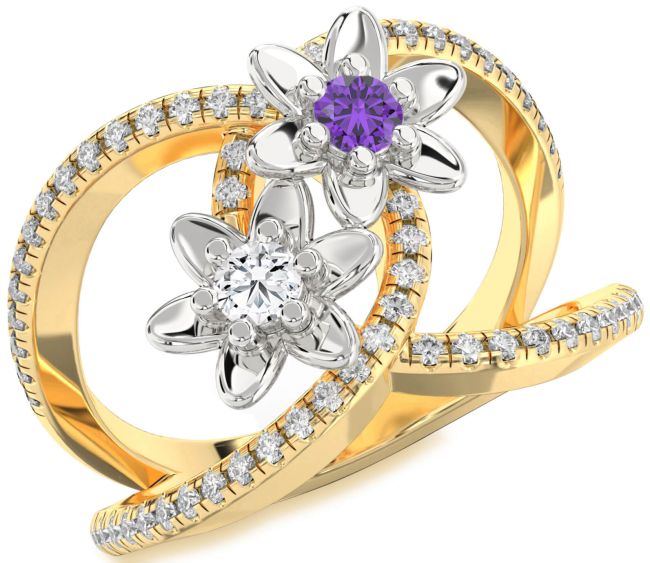 Diamond Gold Silver Flower Round Two Stone Pave Promise Ring