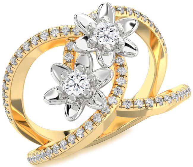 Diamond White Yellow Gold Flower Round Two Stone Pave Ring