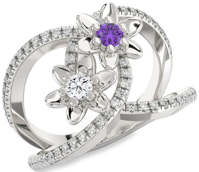 Diamond White Gold Flower Round Two Stone Pave Promise Ring