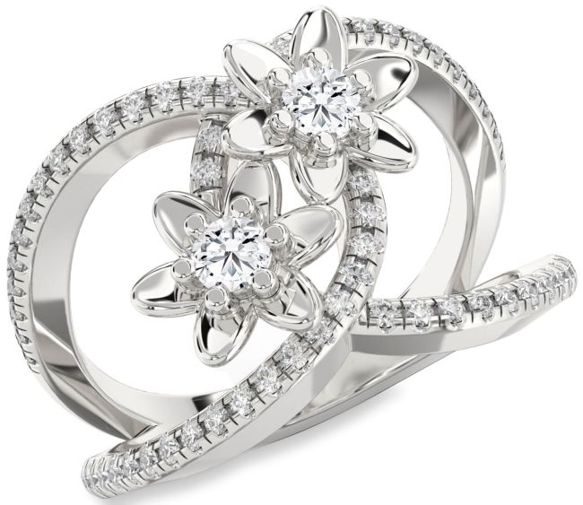 Diamond Silver Flower Round Two Stone Pave Ring