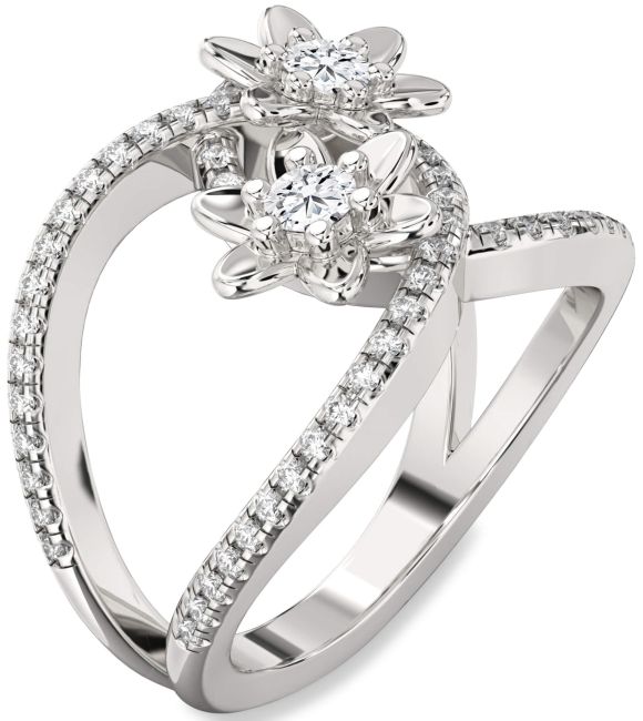 Lab Diamond Silver Flower Round Two Stone Pave Ring