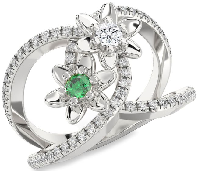 Diamond Silver Flower Round Two Stone Pave Promise Ring