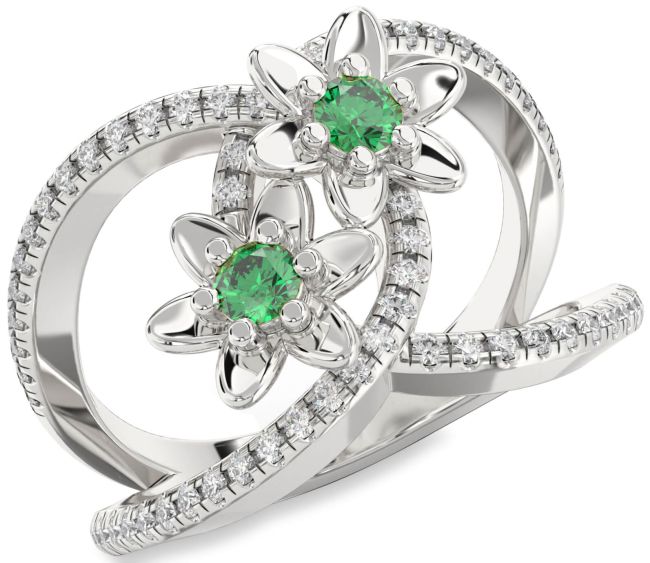 Diamond Emerald Silver Flower Round Two Stone Pave Birthstone Ring