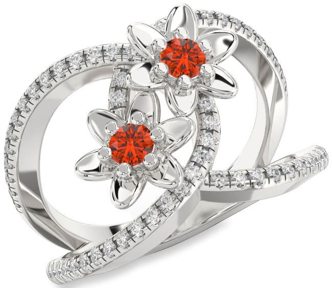 Diamond Fire Opal Silver Flower Round Two Stone Pave Ring