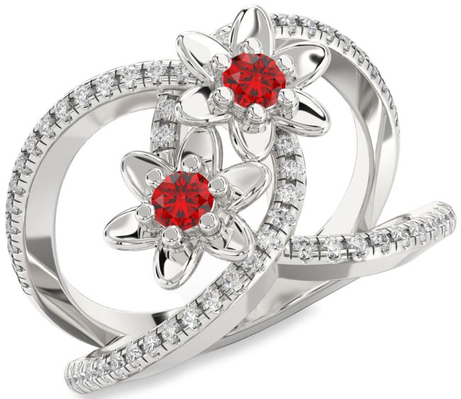 Diamond Ruby Silver Flower Round Two Stone Pave Birthstone Ring